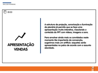 APRESENTAÇÃO
VENDAS
A estrutura de projeção, sonorização e iluminação
da plenária já permite que se faça uma
apresentação muito interativa, mesclando o
conteúdo do PPT com vídeos, imagens e sons.
Para envolver ainda mais os convidados neste
momento tão importante da convenção,
sugerimos mais um artifício: esquetes serão
apresentadas no palco de acordo com o assunto
abordado.
DIA 22 DE FEVEREIRO
8h30
 