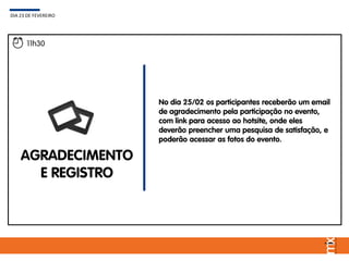 No dia 25/02 os participantes receberão um email
de agradecimento pela participação no evento,
com link para acesso ao hotsite, onde eles
deverão preencher uma pesquisa de satisfação, e
poderão acessar as fotos do evento.
DIA 23 DE FEVEREIRO
11h30
AGRADECIMENTO
E REGISTRO
 