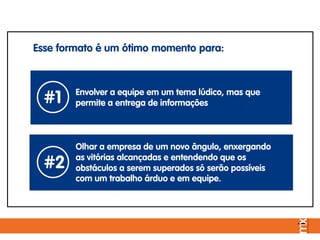 Esse formato é um ótimo momento para:
#1 Envolver a equipe em um tema lúdico, mas que
permite a entrega de informações
#2
Olhar a empresa de um novo ângulo, enxergando
as vitórias alcançadas e entendendo que os
obstáculos a serem superados só serão possíveis
com um trabalho árduo e em equipe.
 