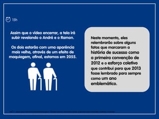 15h
Assim que o vídeo encerrar, a tela irá
subir revelando o André e o Ramon.
MC* – para esse caminha acreditamos que o Thiago Adorno continua sendo a pessoa mais indicada conduzir o evento.
Os dois estarão com uma aparência
mais velha, através de um efeito de
maquiagem, afinal, estamos em 2055.
Neste momento, eles
relembrarão sobre alguns
fatos que marcaram a
história de sucesso como
a primeira convenção de
2012 e o esforço coletivo
que contribui para que 2013
fosse lembrado para sempre
como um ano
emblemático.
 