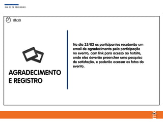 No dia 25/02 os participantes receberão um
email de agradecimento pela participação
no evento, com link para acesso ao hotsite,
onde eles deverão preencher uma pesquisa
de satisfação, e poderão acessar as fotos do
evento.
DIA 23 DE FEVEREIRO
11h30
AGRADECIMENTO
E REGISTRO
 