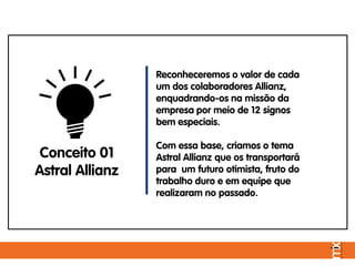 Reconheceremos o valor de cada
um dos colaboradores Allianz,
enquadrando-os na missão da
empresa por meio de 12 signos
bem especiais.
Com essa base, criamos o tema
Astral Allianz que os transportará
para um futuro otimista, fruto do
trabalho duro e em equipe que
realizaram no passado.
Conceito 01
Astral Allianz
 