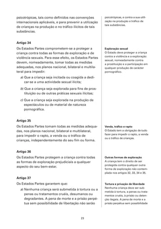 psicotrópicas, tais como definidos nas convenções         psicotrópicas, e contra a sua utili-
internacionais aplicáveis, e para prevenir a utilização   zação na produção e tráfico de
                                                          tais substâncias.
de crianças na produção e no tráfico ilícitos de tais
substâncias.


Artigo 34
Os Estados Partes comprometem-se a proteger a             Exploração sexual
criança contra todas as formas de exploração e de         O Estado deve proteger a criança
                                                          contra a violência e a exploração
violência sexuais. Para esse efeito, os Estados Partes
                                                          sexual, nomeadamente contra
devem, nomeadamente, tomar todas as medidas               a prostituição e a participação em
adequadas, nos planos nacional, bilateral e multila-      qualquer produção de carácter
teral para impedir:                                       pornográfico.

  a) Que a criança seja incitada ou coagida a dedi-
     car-se a uma actividade sexual ilícita;

  b) Que a criança seja explorada para fins de pros-
     tituição ou de outras práticas sexuais ilícitas;

  c) Que a criança seja explorada na produção de
     espectáculos ou de material de natureza
     pornográfica.


Artigo 35
Os Estados Partes tomam todas as medidas adequa-          Venda, tráfico e rapto
das, nos planos nacional, bilateral e multilateral,       O Estado tem a obrigação de tudo
                                                          fazer para impedir o rapto, a venda
para impedir o rapto, a venda ou o tráfico de
                                                          ou o tráfico de crianças.
crianças, independentemente do seu fim ou forma.


Artigo 36
Os Estados Partes protegem a criança contra todas         Outras formas de exploração
as formas de exploração prejudiciais a qualquer           A criança tem o direito de ser
                                                          protegida contra qualquer outra
aspecto do seu bem-estar.
                                                          forma de exploração não contem-
                                                          plada nos artigos 32, 33, 34 e 35.
Artigo 37
Os Estados Partes garantem que:                           Tortura e privação de liberdade
                                                          Nenhuma criança deve ser sub-
  a) Nenhuma criança será submetida à tortura ou a
                                                          metida à tortura, a penas ou trata-
     penas ou tratamentos cruéis, desumanos ou            mentos cruéis, à prisão ou deten-
     degradantes. A pena de morte e a prisão perpé-       ção ilegais. A pena de morte e a
     tua sem possibilidade de libertação não serão        prisão perpétua sem possibilidade




                                           23
 