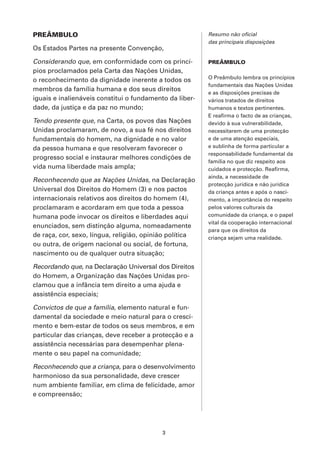 PREÂMBULO                                                Resumo não oficial
                                                         das principais disposições
Os Estados Partes na presente Convenção,

Considerando que, em conformidade com os princí-         PREÂMBULO
pios proclamados pela Carta das Nações Unidas,
                                                         O Preâmbulo lembra os princípios
o reconhecimento da dignidade inerente a todos os
                                                         fundamentais das Nações Unidas
membros da família humana e dos seus direitos
                                                         e as disposições precisas de
iguais e inalienáveis constitui o fundamento da liber-   vários tratados de direitos
dade, da justiça e da paz no mundo;                      humanos e textos pertinentes.
                                                         E reafirma o facto de as crianças,
Tendo presente que, na Carta, os povos das Nações        devido à sua vulnerabilidade,
Unidas proclamaram, de novo, a sua fé nos direitos       necessitarem de uma protecção
fundamentais do homem, na dignidade e no valor           e de uma atenção especiais,
da pessoa humana e que resolveram favorecer o            e sublinha de forma particular a
                                                         responsabilidade fundamental da
progresso social e instaurar melhores condições de
                                                         família no que diz respeito aos
vida numa liberdade mais ampla;                          cuidados e protecção. Reafirma,
                                                         ainda, a necessidade de
Reconhecendo que as Nações Unidas, na Declaração
                                                         protecção jurídica e não jurídica
Universal dos Direitos do Homem (3) e nos pactos         da criança antes e após o nasci-
internacionais relativos aos direitos do homem (4),      mento, a importância do respeito
proclamaram e acordaram em que toda a pessoa             pelos valores culturais da
humana pode invocar os direitos e liberdades aqui        comunidade da criança, e o papel
                                                         vital da cooperação internacional
enunciados, sem distinção alguma, nomeadamente
                                                         para que os direitos da
de raça, cor, sexo, língua, religião, opinião política   criança sejam uma realidade.
ou outra, de origem nacional ou social, de fortuna,
nascimento ou de qualquer outra situação;

Recordando que, na Declaração Universal dos Direitos
do Homem, a Organização das Nações Unidas pro-
clamou que a infância tem direito a uma ajuda e
assistência especiais;

Convictos de que a família, elemento natural e fun-
damental da sociedade e meio natural para o cresci-
mento e bem-estar de todos os seus membros, e em
particular das crianças, deve receber a protecção e a
assistência necessárias para desempenhar plena-
mente o seu papel na comunidade;

Reconhecendo que a criança, para o desenvolvimento
harmonioso da sua personalidade, deve crescer
num ambiente familiar, em clima de felicidade, amor
e compreensão;




                                           3
 
