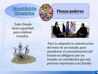 Todo Estado
tiene capacidad
para celebrar
tratados.
Para la adopción la autenticación
del texto de un tratado, para
manifestar el consentimiento del
Estado en obligarse por un
tratado, se considerará que una
persona representa a un Estado.

 