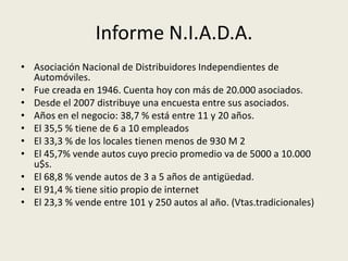 Informe N.I.A.D.A.
• Asociación Nacional de Distribuidores Independientes de
  Automóviles.
• Fue creada en 1946. Cuenta hoy con más de 20.000 asociados.
• Desde el 2007 distribuye una encuesta entre sus asociados.
• Años en el negocio: 38,7 % está entre 11 y 20 años.
• El 35,5 % tiene de 6 a 10 empleados
• El 33,3 % de los locales tienen menos de 930 M 2
• El 45,7% vende autos cuyo precio promedio va de 5000 a 10.000
  u$s.
• El 68,8 % vende autos de 3 a 5 años de antigüedad.
• El 91,4 % tiene sitio propio de internet
• El 23,3 % vende entre 101 y 250 autos al año. (Vtas.tradicionales)
 