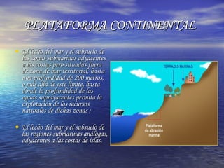 PLATAFORMA CONTINENTAL   El lecho del mar y el subsuelo de las zonas submarinas adyacentes a las costas pero situadas fuera de zona de mar territorial, hasta una profundidad de 200 metros, o más allá de este límite, hasta donde la profundidad de las aguas suprayacentes permita la explotación de los recursos naturales de dichas zonas ; El lecho del mar y el subsuelo de las regiones submarinas análogas, adyacentes a las costas de islas. 
