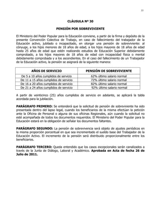 35
CLÁUSULA Nº 30
PENSIÓN POR SOBREVIVIENTE
El Ministerio del Poder Popular para la Educación conviene, a partir de la firma y depósito de la
presente Convención Colectiva de Trabajo, en caso de fallecimiento del trabajador de la
Educación activo, jubilado o incapacitado, en otorgar una pensión de sobreviviente: al
cónyuge, a los hijos menores de 18 años de edad, a los hijos mayores de 18 años de edad
hasta 25 años de edad que estén realizando estudios de Educación Superior debidamente
comprobado, a los hijos mayores de 18 años de edad con incapacidad física o mental
debidamente comprobada y a los ascendientes. En el caso del fallecimiento de un Trabajador
de la Educación activo, la pensión se asignará de la siguiente manera:
AÑOS DE SERVICIO PENSIÓN DE SOBREVIVIENTE
De 5 a 10 años cumplidos de servicio 62% último salario normal
De 11 a 15 años cumplidos de servicio 72% último salario normal
De 16 a 20 años cumplidos de servicio 82% último salario normal
De 21 a 24 años cumplidos de servicio 92% último salario normal
A partir de veinticinco (25) años cumplidos de servicio en adelante, se aplicará la tabla
acordada para la jubilación.
PARÁGRAFO PRIMERO: Se entenderá que la solicitud de pensión de sobreviviente ha sido
presentada dentro del lapso legal, cuando los beneficiarios de la misma efectúan la petición
ante la Oficina de Personal o alguna de sus oficinas Regionales, aún cuando la solicitud no
esté acompañada de todos los documentos requeridos. El Ministerio del Poder Popular para la
Educación estará en la obligación de señalar los documentos faltantes.
PARÁGRAFO SEGUNDO: La pensión de sobrevivencia será objeto de ajustes periódicos en
la misma proporción porcentual en que sea incrementado el sueldo base del Trabajador de la
Educación Activo. El incremento de la pensión será distribuido proporcionalmente entre los
beneficiarios.
PARÁGRAFO TERCERO: Queda entendido que los casos excepcionales serán canalizados a
través de la Junta de Diálogo, Laboral y Académico. Aprobada en Acta de fecha 26 de
Julio de 2011.
 