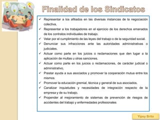  Representar a los afiliados en las diversas instancias de la negociación
colectiva,
 Representar a los trabajadores en el ejercicio de los derechos emanados
de los contratos individuales de trabajo.
 Velar por el cumplimiento de las leyes del trabajo o de la seguridad social.
 Denunciar sus infracciones ante las autoridades administrativas o
judiciales.
 Actuar como parte en los juicios o reclamaciones que den lugar a la
aplicación de multas u otras sanciones.
 Actuar como parte en los juicios o reclamaciones, de carácter judicial o
administrativo,
 Prestar ayuda a sus asociados y promover la cooperación mutua entre los
mismos
 Promover la educación gremial, técnica y general de sus asociados.
 Canalizar inquietudes y necesidades de integración respecto de la
empresa y de su trabajo.
 Propender al mejoramiento de sistemas de prevención de riesgos de
accidentes del trabajo y enfermedades profesionales
Yipsy Brito
 