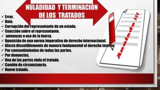 NULADIDAD Y TERMINACIÓN
DE LOS TRATADOS Error.
 Dolo.
 Corrupción del representante de un estado.
 Coacción sobre el representante.
 amenazas o uso de la fuerza.
 Oposición de una norma imperativa de derecho internacional.
 Afecta discutiblemente de manera fundamental el derecho interno.
 Por consentimientos de todas las partes.
 Por denuncias.
 Una de las partes viola el tratado.
 Cambio de circunstancia.
 Nuevo tratado.
 