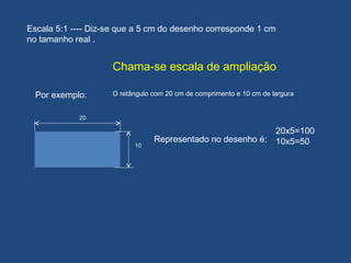 Escala 5:1 ---- Diz-se que a 5 cm do desenho corresponde 1 cm
no tamanho real .
Chama-se escala de ampliação
Por exemplo: O retângulo com 20 cm de comprimento e 10 cm de largura
20
10
Representado no desenho é:
20x5=100
10x5=50
 