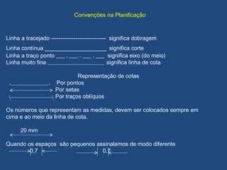 Convenções na Planificação
Linha a tracejado ----------------------------- significa dobragem
Linha contínua ______________ significa corte
Linha a traço ponto ___ . ___ . ___ . ___ significa eixo (do meio)
Linha muito fina ______________________________ significa linha de cota
Representação de cotas
.____________________. Por pontos
Por setas
Por traços oblíquos
Os números que representam as medidas, devem ser colocados sempre em
cima e ao meio da linha de cota.
20 mm
Quando os espaços são pequenos assinalamos de modo diferente
0,7 0,7
 