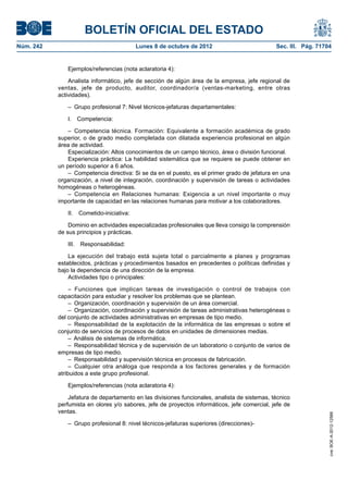 BOLETÍN OFICIAL DEL ESTADO
Núm. 242	 Lunes 8 de octubre de 2012	 Sec. III. Pág. 71704
Ejemplos/referencias (nota aclaratoria 4):
Analista informático, jefe de sección de algún área de la empresa, jefe regional de
ventas, jefe de producto, auditor, coordinador/a (ventas-marketing, entre otras
actividades).
–  Grupo profesional 7: Nivel técnicos-jefaturas departamentales:
I. Competencia:
– Competencia técnica. Formación: Equivalente a formación académica de grado
superior, o de grado medio completada con dilatada experiencia profesional en algún
área de actividad.
Especialización: Altos conocimientos de un campo técnico, área o división funcional.
Experiencia práctica: La habilidad sistemática que se requiere se puede obtener en
un período superior a 6 años.
–  Competencia directiva: Si se da en el puesto, es el primer grado de jefatura en una
organización, a nivel de integración, coordinación y supervisión de tareas o actividades
homogéneas o heterogéneas.
– Competencia en Relaciones humanas: Exigencia a un nivel importante o muy
importante de capacidad en las relaciones humanas para motivar a los colaboradores.
II. Cometido-iniciativa:
Dominio en actividades especializadas profesionales que lleva consigo la comprensión
de sus principios y prácticas.
III. Responsabilidad:
La ejecución del trabajo está sujeta total o parcialmente a planes y programas
establecidos, prácticas y procedimientos basados en precedentes o políticas definidas y
bajo la dependencia de una dirección de la empresa.
Actividades tipo o principales:
– Funciones que implican tareas de investigación o control de trabajos con
capacitación para estudiar y resolver los problemas que se plantean.
–  Organización, coordinación y supervisión de un área comercial.
–  Organización, coordinación y supervisión de tareas administrativas heterogéneas o
del conjunto de actividades administrativas en empresas de tipo medio.
– Responsabilidad de la explotación de la informática de las empresas o sobre el
conjunto de servicios de procesos de datos en unidades de dimensiones medias.
–  Análisis de sistemas de informática.
–  Responsabilidad técnica y de supervisión de un laboratorio o conjunto de varios de
empresas de tipo medio.
–  Responsabilidad y supervisión técnica en procesos de fabricación.
– Cualquier otra análoga que responda a los factores generales y de formación
atribuidos a este grupo profesional.
Ejemplos/referencias (nota aclaratoria 4):
Jefatura de departamento en las divisiones funcionales, analista de sistemas, técnico
perfumista en olores y/o sabores, jefe de proyectos informáticos, jefe comercial, jefe de
ventas.
–  Grupo profesional 8: nivel técnicos-jefaturas superiores (direcciones)-
cve:BOE-A-2012-12566
 
