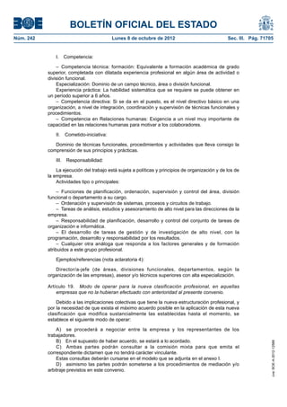 BOLETÍN OFICIAL DEL ESTADO
Núm. 242	 Lunes 8 de octubre de 2012	 Sec. III. Pág. 71705
I. Competencia:
– Competencia técnica: formación: Equivalente a formación académica de grado
superior, completada con dilatada experiencia profesional en algún área de actividad o
división funcional.
Especialización: Dominio de un campo técnico, área o división funcional.
Experiencia práctica: La habilidad sistemática que se requiere se puede obtener en
un período superior a 6 años.
– Competencia directiva: Si se da en el puesto, es el nivel directivo básico en una
organización, a nivel de integración, coordinación y supervisión de técnicas funcionales y
procedimientos.
– Competencia en Relaciones humanas: Exigencia a un nivel muy importante de
capacidad en las relaciones humanas para motivar a los colaboradores.
II. Cometido-iniciativa:
Dominio de técnicas funcionales, procedimientos y actividades que lleva consigo la
comprensión de sus principios y prácticas.
III. Responsabilidad:
La ejecución del trabajo está sujeta a políticas y principios de organización y de los de
la empresa.
Actividades tipo o principales:
– Funciones de planificación, ordenación, supervisión y control del área, división
funcional o departamento a su cargo.
–  Ordenación y supervisión de sistemas, procesos y circuitos de trabajo.
–  Tareas de análisis, estudios y asesoramiento de alto nivel para las direcciones de la
empresa.
– Responsabilidad de planificación, desarrollo y control del conjunto de tareas de
organización e informática.
– El desarrollo de tareas de gestión y de investigación de alto nivel, con la
programación, desarrollo y responsabilidad por los resultados.
– Cualquier otra análoga que responda a los factores generales y de formación
atribuidos a este grupo profesional.
Ejemplos/referencias (nota aclaratoria 4):
Director/a-jefe (de áreas, divisiones funcionales, departamentos, según la
organización de las empresas), asesor y/o técnicos superiores con alta especialización.
Artículo 19.  Modo de operar para la nueva clasificación profesional, en aquellas
empresas que no la hubieran efectuado con anterioridad al presente convenio.
Debido a las implicaciones colectivas que tiene la nueva estructuración profesional, y
por la necesidad de que exista el máximo acuerdo posible en la aplicación de esta nueva
clasificación que modifica sustancialmente las establecidas hasta el momento, se
establece el siguiente modo de operar:
A)  se procederá a negociar entre la empresa y los representantes de los
trabajadores.
B)  En el supuesto de haber acuerdo, se estará a lo acordado.
C)  Ambas partes podrán consultar a la comisión mixta para que emita el
correspondiente dictamen que no tendrá carácter vinculante.
Estas consultas deberán cursarse en el modelo que se adjunta en el anexo I.
D)  asimismo las partes podrán someterse a los procedimientos de mediación y/o
arbitraje previstos en este convenio.
cve:BOE-A-2012-12566
 
