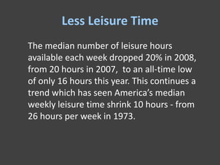 Less Leisure Time
The median number of leisure hours
available each week dropped 20% in 2008,
from 20 hours in 2007, to an all-time low
of only 16 hours this year. This continues a
trend which has seen America’s median
weekly leisure time shrink 10 hours - from
26 hours per week in 1973.
 