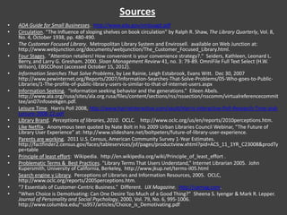 Sources
•   ADA Guide for Small Businesses. http://www.ada.gov/smbusgd.pdf
•   Circulation. “The Influence of sloping shelves on book circulation” by Ralph R. Shaw, The Library Quarterly, Vol. 8,
    No. 4, October 1938, pp. 480-490.
•   The Customer Focused Library. Metropolitan Library System and Envirosell. available on Web Junction at:
    http://www.webjunction.org/documents/webjunction/The_Customer_Focused_Library.html.
•   Four Stages. "Attention retailers! How convenient is your convenience strategy?." Seiders, Kathleen, Leonard L.
    Berry, and Larry G. Gresham. 2000. Sloan Management Review 41, no. 3: 79-89. OmniFile Full Text Select (H.W.
    Wilson), EBSCOhost (accessed October 15, 2012).
•   Information Searches That Solve Problems, by Lee Rainie, Leigh Estabrook, Evans Witt. Dec 30, 2007
    http://www.pewinternet.org/Reports/2007/Information-Searches-That-Solve-Problems/05-Who-goes-to-Public-
    Libraries/1-The-profile-of-public-library-users-is-similar-to-that-of-internet-users.aspx
•   Information Seeking. “Information seeking behavior and the generations.” Eileen Abels.
    http://www.ala.org/rusa/sites/ala.org.rusa/files/content/sections/rss/rsssection/rsscomm/virtualreferencecommit
    tee/an07infoseekgen.pdf.
•   Leisure Time. Harris Poll 2008, http://www.harrisinteractive.com/vault/Harris-Interactive-Poll-Research-Time-and-
    Leisure-2008-12.pdf
•   Library Brand. Perceptions of libraries, 2010. OCLC. http://www.oclc.org/us/en/reports/2010perceptions.htm.
•   Like Netflix. Anonymous teen quoted by Nate Bolt in his 2009 Urban Libraries Council Webinar, “The Future of
    Library User Experience” at: http://www.slideshare.net/boltpeters/future-of-library-user-experience.
•   Parents are working. 2011 U.S. Census, American Community Survey 1-Year Estimates.
    http://factfinder2.census.gov/faces/tableservices/jsf/pages/productview.xhtml?pid=ACS_11_1YR_C23008&prodTy
    pe=table
•   Principle of least effort: Wikipedia. http://en.wikipedia.org/wiki/Principle_of_least_effort .
•   Problematic Terms & Best Practices. “Library Terms That Users Understand,” Internet Librarian 2005. John
    Kupersmith, University of California, Berkeley, http://www.jkup.net/terms-il05.html
•   Search engine v Library. Perceptions of Libraries and Information Resources, 2005. OCLC,
    http://www.oclc.org/reports/2005perceptions.htm.
•   “7 Essentials of Customer-Centric Business.” Different. UX Magazine. http://uxmag.com.
•   “When Choice is Demotivating: Can One Desire Too Much of a Good Thing?” Sheena S. Iyengar & Mark R. Lepper.
    Journal of Personality and Social Psychology, 2000, Vol. 79, No. 6, 995-1006.
    http://www.columbia.edu/~ss957/articles/Choice_is_Demotivating.pdf
 