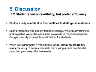 4. Results4.2 Recent Internet usage patterns for academic project onlineStudents were asked to describe their use of the Internet for a recent project.The most frequently occurring word - Web site, information, use, find, search, Google, Online, library, University, Internet and Wikipedia*Left side displays the dendogramwhile Right side represents 3D perceptive through ThoughtView