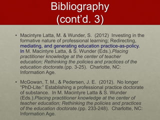 Bibliography
(cont’d. 3)
• Macintyre Latta, M. & Wunder, S. (2012) Investing in the
formative nature of professional learning; Redirecting,
mediating, and generating education practice-as-policy.
In M. Macintyre Latta, & S. Wunder (Eds.).Placing
practitioner knowledge at the center of teacher
education; Rethinking the policies and practices of the
education doctorate.(pp. 3-25). Charlotte, NC:
Information Age.
• McGowan, T. M., & Pedersen, J. E. (2012). No longer
“PhD-Lite:” Establishing a professional practice doctorate
of substance. In M. Macintyre Latta & S. Wunder
(Eds.).Placing practitioner knowledge at the center of
teacher education; Rethinking the policies and practices
of the education doctorate.(pp. 233-248). Charlotte, NC:
Information Age.
 