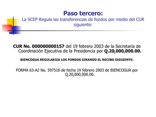   Paso tercero:   La SCEP Regula las transferencias de fondos por medio del CUR siguiente: CUR No. 000000000157  del 19 febrero 2003 de la Secretaría de Coordinación Ejecutiva de la Presidencia por  Q.20,000,000.00. BIENCOGUA REGULARIZA LOS FONDOS GIRANDO EL RECIBO SIGUIENTE: FORMA 63-A2 No. 597516 de fecha 19 febrero 2003 de BIENCOGUA por Q.20,000,000.00. 