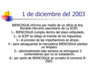 1 de diciembre del 2003 BIENCOGUA informa por medio de un oficio al Arq. Ronaldo Herrarte asecretario de La SCEP.  1.- BIENCOGUA cumplio dentro del plazo estipulado. 2.- la SCEP se obligo al tramite de los impuestos. 3.- el proceso de las importaciones se atraso. 4.- para salvaguardar la mercaderia BIENCOGUA planteo un Amparo. 5.- adicionalmente esta semana se entregaran 3 contenedores que no se subastaron. 6.- por parte de BIENCOGUA se cumplio el convenio 8-2003.  