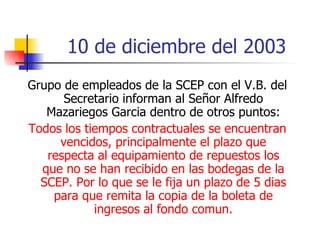 10 de diciembre del 2003 Grupo de empleados de la SCEP con el V.B. del Secretario informan al Señor Alfredo Mazariegos Garcia dentro de otros puntos: Todos los tiempos contractuales se encuentran vencidos, principalmente el plazo que respecta al equipamiento de repuestos los que no se han recibido en las bodegas de la SCEP. Por lo que se le fija un plazo de 5 dias para que remita la copia de la boleta de ingresos al fondo comun. 