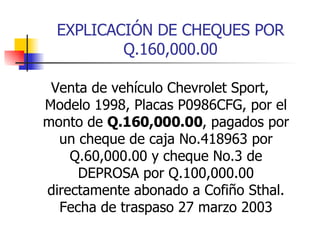EXPLICACIÓN DE CHEQUES POR Q.160,000.00 Venta de vehículo Chevrolet Sport, Modelo 1998, Placas P0986CFG, por el monto de  Q.160,000.00 , pagados por un cheque de caja No.418963 por Q.60,000.00 y cheque No.3 de DEPROSA por Q.100,000.00 directamente abonado a Cofiño Sthal. Fecha de traspaso 27 marzo 2003 