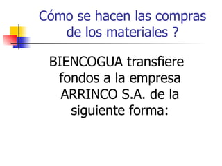 BIENCOGUA transfiere fondos a la empresa ARRINCO S.A. de la siguiente forma: Cómo se hacen las compras de los materiales ? 