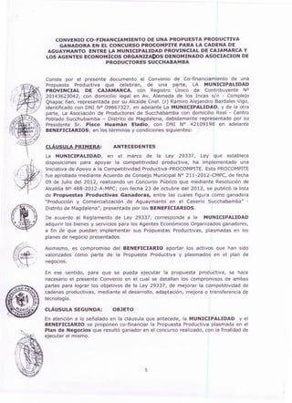 CONVENIO CO- FINANCIAMIENTO DE UNA PROPUESTA PRODUCTIVA
GANADORA EN EL CONCURSO PROCOMPITE PARA LA CADENA DE
AGUAYMANTO ENTRE LA MUNICIPALIDAD PROVINCIAL DE CAJAMARCA Y
LOS AGENTES ECONOMICOS ORGANIZAC)OS DENOMINADO ASOCIACION DE
PRODUCTORESSUCCHABAMBA
Conste por el presente documento el Convenio de Co-financlamiento de una
Propuesta Productiva que celebran, de una parte, LA MUNICIPALIDAD
PROVINCIAL DE CAJAMARCA, con Regtstro Unico de Contribuyente NO
20143623042, con domicilio legal en Av. Alameda de los Incas s/n - Complejo
Qhapac nan, representada por su Alcalde Cnel. (r) Ramiro Alejandro Bardales Vigo,
identificado con DNI N° 09867327, en adelante La MUNICIPALIDAD, y de Ia otra
parte, La Asociaci6n de Productores de Succhabamba con domicilio Real - Centro
Poblado Succhubamba - Distrito de Magdalena, debidamente representado por su
Presidente Sr. Pisco Huaman Eladio, con DNI N° 42109198 en adelante
BENEFICIARIOS; en los terminos y condiciones siguientes:
CUiUSULA PRIMERA: ANTECEDENTES
La MUNICIPALIDAD, en el marco de Ia Ley 29337, Ley que establece
disposiciones para apoyar Ia competitividad productiva, ha implementado una
Iniciativa de Apoyo a Ia Competitividad Productiva-PROCOMPITE. Esta PROCOMPITE
fue aprobada mediante Acuerdo de Consejo Municipal N° 211-2012-CMPC, de fecha
09 de Julio del 2012, realizando un Concurso Publico que mediante Resolucion de
Alcaldia NO 488-2012-A-MPC; con fecha 23 de octubre del 2012, se publico Ia lista
de Propuestas Productivas Ganadoras, entre las cuales figura como ganadora
"Producci6n y Comercializacion de Aguaymanto en el Caserio Succhabamba" -
Distrito de Magdalena", presentada por los BENEFICIARIOS.
De acuerdo al Reglamento de Ley 29337, corresponde a Ia MUNICIPALIDAD
adquirir los bienes y servicios para los Agentes Econ6micos Organizados ganadores,
a fin de que puedan tmplementar sus Propuestas Productivas, plasmadas en los
planes de negocto presentados.
Asimismo, es compromise del BENEFICIARIO aportar los actives que han sido
valorizados como parte de Ia Propuesta Producttva y plasmados en el plan de
negoctos.
En ese sentido, para que se pueda ejecutar Ia propuesta producttva, se hace
necesario el presente Convenio en el cual se detallan los compromises de ambas
partes para lograr los ob]etivos de Ia Ley 29337, de mejorar Ia competitividad de
cadenas productivas, mediante el desarrollo, adaptaci6n, mejora o transferencia de
tecnologia.
CLAUSULA SEGUNDA: OBJETO
En atenci6n a lo senalado en Ia clausula que antecede, Ia MUNICIPALIDAD y el
BENEFICIARIO se proponen co-financiar Ia Propuesta Productiva plasmada en el
Plan de Negocios que result6 ganador en el concurso realizado, con Ia finalidad de
ejecutar el mismo.
5
 