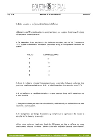 Pág. 9534 Miércoles, 06 de Octubre de 2010 Número 231
http://bop.dipujaen.es BOLETÍN OFICIAL DE LA PROVINCIA DE JAÉN D.L.: J. 1-1958
3. Estos servicios se compensarán de la siguiente forma:
a) Las primeras 15 horas de cada mes se compensaran con horas de descanso y el resto se
compensarán económicamente.
4. Se abonará en dinero atendiendo a las siguientes cuantías a partir del día 1 de enero de
2005, que se incrementarán anualmente conforme a la Ley de Presupuestos Generales del
Estado.
GRUPO IMPORTE (EUROS)
A 21
B 19
C 17
D 15
E 13
5. Caso de realizarse estos servicios extraordinarios en jornadas festivas o nocturnas, éste
precio se vera incrementado en un 50% y si coinciden ambas circunstancias en un 75%.
6. A estos efectos, se consideran horario nocturno el prestado desde las 22 horas hasta las
6 de la mañana.
7. Las gratificaciones por servicios extraordinarios, serán satisfechas en la nómina del mes
siguiente a su realización.
8. Se compensará por tiempo de descanso y siempre que la organización del trabajo lo
permita, en la siguiente proporción:
a) Las horas nocturnas (realizadas desde las 22 horas a las 6 de la mañana; las horas
realizadas en sabados, domingos y festivos, todas ellas realizadas fuera del horario laboral)
 