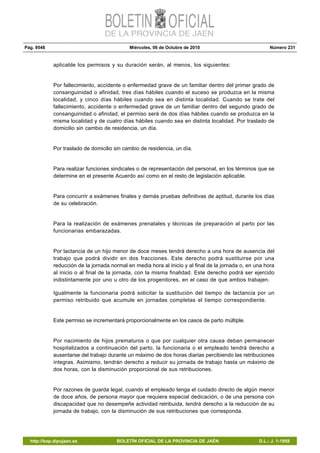 Pág. 9548 Miércoles, 06 de Octubre de 2010 Número 231
http://bop.dipujaen.es BOLETÍN OFICIAL DE LA PROVINCIA DE JAÉN D.L.: J. 1-1958
aplicable los permisos y su duración serán, al menos, los siguientes:
Por fallecimiento, accidente o enfermedad grave de un familiar dentro del primer grado de
consanguinidad o afinidad, tres días hábiles cuando el suceso se produzca en la misma
localidad, y cinco días hábiles cuando sea en distinta localidad. Cuando se trate del
fallecimiento, accidente o enfermedad grave de un familiar dentro del segundo grado de
consanguinidad o afinidad, el permiso será de dos días hábiles cuando se produzca en la
misma localidad y de cuatro días hábiles cuando sea en distinta localidad. Por traslado de
domicilio sin cambio de residencia, un día.
Por traslado de domicilio sin cambio de residencia, un día.
Para realizar funciones sindicales o de representación del personal, en los términos que se
determine en el presente Acuerdo así como en el resto de legislación aplicable.
Para concurrir a exámenes finales y demás pruebas definitivas de aptitud, durante los días
de su celebración.
Para la realización de exámenes prenatales y técnicas de preparación al parto por las
funcionarias embarazadas.
Por lactancia de un hijo menor de doce meses tendrá derecho a una hora de ausencia del
trabajo que podrá dividir en dos fracciones. Este derecho podrá sustituirse por una
reducción de la jornada normal en media hora al inicio y al final de la jornada o, en una hora
al inicio o al final de la jornada, con la misma finalidad. Este derecho podrá ser ejercido
indistintamente por uno u otro de los progenitores, en el caso de que ambos trabajen.
Igualmente la funcionaria podrá solicitar la sustitución del tiempo de lactancia por un
permiso retribuido que acumule en jornadas completas el tiempo correspondiente.
Este permiso se incrementará proporcionalmente en los casos de parto múltiple.
Por nacimiento de hijos prematuros o que por cualquier otra causa deban permanecer
hospitalizados a continuación del parto, la funcionaria o el empleado tendrá derecho a
ausentarse del trabajo durante un máximo de dos horas diarias percibiendo las retribuciones
íntegras. Asimismo, tendrán derecho a reducir su jornada de trabajo hasta un máximo de
dos horas, con la disminución proporcional de sus retribuciones.
Por razones de guarda legal, cuando el empleado tenga el cuidado directo de algún menor
de doce años, de persona mayor que requiera especial dedicación, o de una persona con
discapacidad que no desempeñe actividad retribuida, tendrá derecho a la reducción de su
jornada de trabajo, con la disminución de sus retribuciones que corresponda.
 