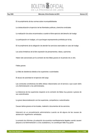 Pág. 9558 Miércoles, 06 de Octubre de 2010 Número 231
http://bop.dipujaen.es BOLETÍN OFICIAL DE LA PROVINCIA DE JAÉN D.L.: J. 1-1958
El incumplimiento de las normas sobre incompatibilidades
La obstaculización al ejercicio de las libertades publicas y derechos sindicales
La realización de actos encaminados a coartar el libre ejercicio del derecho de huelga
La participación en huelgas, a lo que tengan expresamente prohibida por la ley
El incumplimiento de la obligación de atender los servicios esenciales en caso de huelga
Los actos limitativos de la libre expresión de pensamientos, ideas y opiniones.
Haber sido sancionado por la comisión de tres faltas graves en el periodo de un año.
Faltas graves:
La falta de obediencia debida a los superiores o autoridades
El abuso de autoridad en el ejercicio del cargo
Las conductas constitutivas de delito doloso relacionados con el servicio o que cusen daño
a la Administración o los administrados.
La tolerancia de los superiores respecto ce la comisión de faltas muy graves o graves de
sus subordinados
La grave desconsideración con los superiores, compañeros o subordinados
Causar daños graves en los locales, material o documentos de los servicios.
Intervenir en un procedimiento administrativo cuando se dé alguna de las causas de
abstención legalmente señaladas.
La emisión de informes y la adopción de acuerdos manifiestamente ilegales cuando causen
perjuicio a la Administración o a los ciudadanos y no constituyan falta muy grave
 