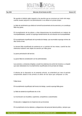 Pág. 9559 Miércoles, 06 de Octubre de 2010 Número 231
http://bop.dipujaen.es BOLETÍN OFICIAL DE LA PROVINCIA DE JAÉN D.L.: J. 1-1958
No guardar el debido sigilo respecto a los asuntos que se conozcan por razón del cargo,
cuando causen perjuicio a la Administración o se utilicen en proveo propio.
La falta de rendimiento que afecte al normal funcionamiento de los servicios y no constituya
falta muy grave.
El incumplimiento de los plazos u otras disposiciones de procedimiento en materia de
incompatibilidades, cuando no suponga mantenimiento de una situación de incompatibilidad
El incumplimiento injustificado de la jornada de trabajo, que acumulado suponga mínimo de
diez horas al mes
La tercera falta injustificada de asistencia en un periodo de tres meses, cuando las dos
anteriores hubieren sido objeto de sanción por falta grave
La grave perturbación del servicio
La grave falta de consideración con los administrados
Las acciones u omisiones dirigidas a evadir los sistemas de control de horarios o a impedir
que sean detectados los incumplimientos injustificados de la jornada de trabajo.
A efectos de lo dispuesto en el presente articulo, se entenderá por mes el periodo
comprendido desde el día primero al ultimo de los doce que componen un año.
Faltas leves:
El incumplimiento injustificado del horario de trabajo, cuando suponga falta grave
La falta de asistencia injustificada de un día
La incorrección con el público, superiores, compañeros o subordinados
El descuido o negligencia en el ejercicio de sus funciones
El incumplimiento de los deberes y obligaciones del personal laboral público, siempre que
 