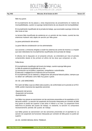 Pág. 9592 Miércoles, 06 de Octubre de 2010 Número 231
http://bop.dipujaen.es BOLETÍN OFICIAL DE LA PROVINCIA DE JAÉN D.L.: J. 1-1958
falta muy grave.
El incumplimiento de los plazos u otras disposiciones de procedimiento en materia de
incompatibilidades, cuando no suponga mantenimiento de una situación de incompatibilidad
El incumplimiento injustificado de la jornada de trabajo, que acumulado suponga mínimo de
diez horas al mes
La tercera falta injustificada de asistencia en un periodo de tres meses, cuando las dos
anteriores hubieren sido objeto de sanción por falta grave
La grave perturbación del servicio
La grave falta de consideración con los administrados
Las acciones u omisiones dirigidas a evadir los sistemas de control de horarios o a impedir
que sean detectados los incumplimientos injustificados de la jornada de trabajo.
A efectos de lo dispuesto en el presente articulo, se entenderá por mes el periodo
comprendido desde el día primero al ultimo de los doce que componen un año.
Faltas leves:
El incumplimiento injustificado del horario de trabajo, cuando suponga falta grave
La falta de asistencia injustificada de un día
La incorrección con el público, superiores, compañeros o subordinados
El descuido o negligencia en el ejercicio de sus funciones
El incumplimiento de los deberes y obligaciones del personal laboral público, siempre que
no deban ser calificados como falta muy grave o grave.
Art. 59.- LAS SANCIONES.
Por razón de faltas a que se refiere este acuerdo y de conformidad con lo previsto en el R.D.
33/86, podrán imponerse las siguientes sanciones:
-Separación del servicio
-Suspensión de funciones
-Apercibimiento
Las faltas muy graves se sancionaran con las sanciones prevenidas en los apartados a) ó b)
del punto anterior. La sanción de suspensión de funciones interpuesta por comisión de falta
muy grave no podrá ser superior a seis años ni inferior a un mes. La suspensión firme
determina la perdida del puesto de trabajo; no obstante, la sanción no comportara
necesariamente perdida del puesto de trabajo
Las faltas graves se sancionaran con las sanciones prevenidas en el apartado b): La
sanción de suspensión de funciones interpuesta por comisión de falta grave no podrá ser
superior
Art. 60.- ACOSO SEXUAL EN EL TRABAJO.
 