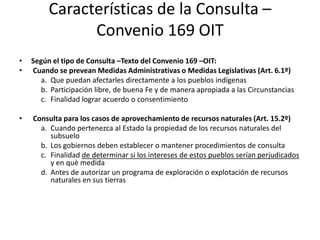 Características de la Consulta –
Convenio 169 OIT
• Según el tipo de Consulta –Texto del Convenio 169 –OIT:
• Cuando se prevean Medidas Administrativas o Medidas Legislativas (Art. 6.1º)
a. Que puedan afectarles directamente a los pueblos indígenas
b. Participación libre, de buena Fe y de manera apropiada a las Circunstancias
c. Finalidad lograr acuerdo o consentimiento
• Consulta para los casos de aprovechamiento de recursos naturales (Art. 15.2º)
a. Cuando pertenezca al Estado la propiedad de los recursos naturales del
subsuelo
b. Los gobiernos deben establecer o mantener procedimientos de consulta
c. Finalidad de determinar si los intereses de estos pueblos serían perjudicados
y en què medida
d. Antes de autorizar un programa de exploración o explotación de recursos
naturales en sus tierras
 