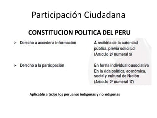 Participación Ciudadana
CONSTITUCION POLITICA DEL PERU
Aplicable a todos los peruanos indígenas y no indígenas
 
