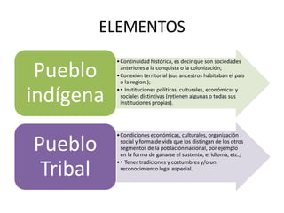 ELEMENTOS
•Continuidad histórica, es decir que son sociedades
anteriores a la conquista o la colonización;
•Conexión territorial (sus ancestros habitaban el pais
o la region.);
•• Instituciones políticas, culturales, económicas y
sociales distintivas (retienen algunas o todas sus
instituciones propias).
Pueblo
indígena
•Condiciones económicas, culturales, organización
social y forma de vida que los distingan de los otros
segmentos de la población nacional, por ejemplo
en la forma de ganarse el sustento, el idioma, etc.;
•• Tener tradiciones y costumbres y/o un
reconocimiento legal especial.
Pueblo
Tribal
 