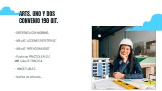 --DIFERENCIA CON MOBBING.
--NO MÁS “ACCIONES REPETITIVAS”
--NO MÁS “INTENCIONALIDAD”
--Puede ser PRACTICA EN SÍ O
AMENAZA DE PRACTICA
--”INACEPTABLES”.
--leamos los artículos…
ARTS. UNO Y DOS
CONVENIO 190 OIT.
 