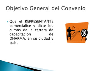  Que el REPRESENTANTE
comercialice y dicte los
cursos de la cartera de
capacitación de
DHARMA, en su ciudad y
país.
 