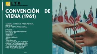 CONVENCIÓN DE
VIENA (1961)
CARRERA: COMERCIO INTERNACIONAL
MATERIA:
DIPLOMACIA INTERNACIONAL
DOCENTE:
GUSTAVO MAYNER ALARCON
PARALELO: "B"
SEMESTRE: 7
GRUPO Nro.: 3
TURNO:MAÑANA
FECHA:
INTEGRANTES:
CARLO LLOJLLA JEYLIN LEMELY
CHAMBI CALLISAYA GONZALO
JUANIQUINA TORREZ VENECIA
VINO AVENDAÑO BRAJHAN
VINO AVENDAÑO ELIANA
2024
 