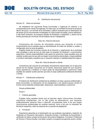 BOLETÍN OFICIAL DEL ESTADO
Núm. 129	 Miércoles 28 de mayo de 2014	 Sec. III. Pág. 40423
III.  Clasificación del personal
Artículo 10.  Áreas de actividad.
Se establecen las siguientes Áreas funcionales u orgánicas en relación a su
correspondencia en ramas homogéneas. En todo caso, la movilidad funcional se producirá
dentro del grupo, con el límite de la idoneidad y aptitud necesaria para el desempeño de
las tareas que se encomienden al trabajador en cada puesto de trabajo, previa realización,
si ello fuera necesario, de procesos simples de formación y adaptación, y dentro de los
límites previstos por el artículo 39 del Estatuto de los Trabajadores.
Área «A»: Área de estructura
Comprensiva del conjunto de actividades propias que demanda el normal
funcionamiento de la empresa para su administración en todos los ámbitos y niveles, y
configurada como la rama de gestión.
Engloba desde las funciones propias de la dirección y organización de la actividad
más complejas y para las que se exija estar en posesión de titulación y conocimientos
específicos, máxima responsabilidad y alto grado de autonomía, hasta aquellas otras de
carácter auxiliar para los que sólo se exigen conocimientos elementales y responsabilidad
e iniciativa restringida y aquellos que no requieran destreza o habilidad específica alguna.
Área «B»: Área de atención a cliente
Comprensiva del conjunto de actividades directamente relacionadas con la ejecución
directa de los trabajos requeridos por el cliente. Abarcando desde las que requieren
mayor experiencia y conlleven un mayor grado de responsabilidad y autonomía, hasta
aquellas de carácter auxiliar para las que solo se exija cualificación profesional elemental
o similar.
Artículo 11.  Clasificación profesional.
El sistema de clasificación profesional se establece en base a grupos profesionales y
áreas funcionales. La adscripción de los trabajadores a los distintos grupos vendrá en
función de las aptitudes profesionales, titulaciones, responsabilidad y autonomía.
Grupos profesionales:
Grupo I:
1.  Criterios generales:
Engloba todas aquellas tareas que se ejecuten según instrucciones concretas,
claramente establecidas, con un alto grado de dependencia, que requieran
preferentemente esfuerzo físico o atención, encuadrando tanto a los que exigen
conocimientos profesionales de carácter esencial, como a los que no necesitan de
formación específica, salvo la ocasional de un periodo de adaptación.
2. Formación:
Experiencia adquirida en el desempeño de una profesión equivalente y titulación de
Graduado en Educación Secundaria, Graduado Escolar o Certificado de Escolaridad o
certificado de haber cursado la Educación Secundaria Obligatoria, Formación Profesional
de Técnico o Técnico Auxiliar o de haber cursado un programa de garantía social o similar.
cve:BOE-A-2014-5573
 