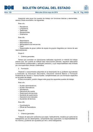 BOLETÍN OFICIAL DEL ESTADO
Núm. 129	 Miércoles 28 de mayo de 2014	 Sec. III. Pág. 40424
Integrarán este grupo los puestos de trabajo con funciones básicas y elementales,
siendo a título enunciativo, los siguientes:
Área «A»:
– Recadero/a.
– Limpiador/a.
– Telefonista.
– Recepcionista.
– Ordenanza.
Área «B»:
– Reponedor/a.
–  Reponedor/a ruta.
–  Manipulador/a de mercancías.
– Peón.
–  Responsable de grupo (Jefe/a de equipo de grupos integrados por menos de seis
reponedores/as).
Grupo II:
1.  Criterios generales:
Tareas que consisten en operaciones realizadas siguiendo un método de trabajo
preciso que, aún cuando se realicen bajo instrucciones precisas, requieran adecuados
conocimientos profesionales y aptitudes prácticas y cuya responsabilidad está limitada
por una supervisión directa o sistemática.
2. Formación:
Titulación o conocimientos adquiridos en el desempeño de su profesión equivalentes
a Graduado en Educación Secundaria, Educación General Básica o Formación
Profesional de Técnico o Técnico Auxiliar, complementada con una formación específica
en el puesto de trabajo.
A título enunciativo, podrán integrar este grupo los siguientes puestos de trabajo:
Área «A»:
–  Auxiliar administrativo/a.
–  Auxiliar informático/a.
– Secretario/a.
–  Ejecutivo/a de cuenta.
–  Supervisor/a de servicios.
–  Ayudante de supervisor/a.
–  Operador/a de ordenador.
–  Ayudantes de técnicos.
Área «B»:
– Coordinador/a.
–  Oficial de Perecederos.
Grupo III:
1.  Criterios generales:
Trabajos de ejecución autónoma que exijan, habitualmente, iniciativa por parte de los
trabajadores que los desempeñan, comportando bajo supervisión, la responsabilidad de
los mismos y pudiendo ser ayudados por otro u otros trabajadores.
cve:BOE-A-2014-5573
 