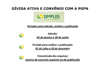 DÍVIDA ATIVA E CONVÊNIO COM A PGFN
Períodos para adesão, análise e publicação
Adesão:
02 de janeiro a 30 de junho
Período para análise e publicação:
01 de julho a 20 de dezembro
Transmissão dos arquivos:
janeiro do exercício seguinte ao da publicação
 