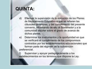 QUINTA:
d) Efectuar la supervisión de la ejecución de los Planes
de Mejoramiento Educativo a que se refieren las
cláusulas anteriores, y del cumplimiento del presente
convenio, informando de ello al Sostenedor y a la
comunidad escolar sobre el grado de avance de
dichos planes.
e) Determinar los instrumentos y la oportunidad en que
se verificará el cumplimiento de los compromisos
contraídos por los establecimientos educacionales que
forman parte del régimen de la subvención
preferencial.
f) Supervisar y apoyar pedagógicamente a los
establecimientos en los términos que dispone la Ley.
 