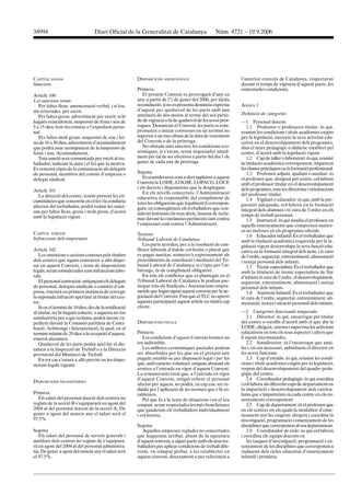 38994                              Diari Oficial de la Generalitat de Catalunya                    Núm. 4721 – 19.9.2006




CAPÍTOL SEGON                                           DISPOSICIONS ADDICIONALS                              l’anterior conveni de Catalunya, respectaran
Sancions                                                                                                      durant el temps de vigència d’aquest pacte, les
                                                        Primera                                               esmentades condicions.
Article 100                                                El present Conveni es prorrogarà d’any en
Les sancions seran:                                     any, a partir de l’1 de gener del 2006, per tàcita
   Per faltes lleus: amonestació verbal, i si fos-      reconducció, si no es presenta denuncia expressa      ANNEX 1
sin reiterades, per escrit.                             d’aquest per qualsevol de les parts amb una
                                                        antelació de dos mesos al terme del seu perío-        Definició de categories
   Per faltes greus: advertiment per escrit; si hi
hagués reincidència, suspensió de feina i sou de        de de vigència o la de qualsevol de les seves pròr-   —1 Personal docent:
5 a 15 dies, fent-ho constar a l’expedient perso-       rogues. Denunciat el Conveni, les parts es com-          1.1 Professor o professora titular: és qui,
nal.                                                    prometen a iniciar converses en un termini no         reunint les condicions i títols acadèmics exigits
   Per faltes molt greus: suspensió de sou i fei-       superior a un mes abans de la data de venciment       per la legislació, exerceix la seva activitat edu-
na de 16 a 30 dies, advertiment d’acomiadament          del Conveni o de la pròrroga.                         cativa en el desenvolupament dels programes,
que podrà anar acompanyat de la suspensió de               No obstant això anterior, les condicions eco-      dins el marc pedagògic o didàctic establert pel
feina i sou. Acomiadament.                              nòmiques, si s’escau, seran negociades anual-         centre, d’acord amb la legislació vigent.
   Tota sanció serà comunicada per escrit al tre-       ment per tal de ser efectives a partir del dia 1 de      1.2 Cap de taller o laboratori: és qui, reunint
ballador, indicant la data i el fet que la motiva.      gener de cada any de pròrroga.                        la titulació acadèmica corresponent, imparteix
Es remetrà còpia de la comunicació als delegats                                                               les classes pràctiques en la formació professional.
de personal, membres del comitè d’empresa o             Segona                                                   1.3 Professor adjunt, ajudant o auxiliar: és
delegat sindical.                                          Es consideraren com a dret supletori a aquest      el professor que, designat pel centre, col·labora
                                                        Conveni la LODE, LOGSE, LOPACG, LOCE                  amb el professor titular en el desenvolupament
                                                        i els decrets i disposicions que la despleguin.       dels programes, sota les directrius i orientacions
Article 101                                                En els nivells concertats, l’Administració
   La direcció del centre, tenint present les cir-                                                            del professor titular.
                                                        educativa és responsable del compliment de               1.4 Vigilant o educador: és qui, amb la pre-
cumstàncies que concorrin en el fet i la conducta       totes les obligacions que legalment li correspon-
ulterior del treballador, podrà reduir les sanci-                                                             paració adequada, col·labora en la formació
                                                        guin, en conseqüència els treballadors que con-       integral dels alumnes i té cura de l’ordre en els
ons per faltes lleus, greus i molt greus, d’acord       siderin lesionats els seus drets, hauran de recla-
amb la legislació vigent.                                                                                     temps de treball personal.
                                                        mar davant les instàncies pertinents tant contra         1.5 Instructor: és qui auxilia el professor en
                                                        l’empresari com contra l’Administració.               aquells ensenyaments que comprenen matèri-
                                                                                                              es no incloses en els programes oficials.
CAPÍTOL TERCER                                          Tercera                                                  1.6 Educador infantil: És el treballador que
Infraccions dels empresaris                             Tribunal Laboral de Catalunya                         amb la titulació acadèmica requerida per la le-
                                                           Les parts acorden, per a la resolució de con-      gislació vigent desenvolupa la seva funció edu-
Article 102                                             flictes laborals d’índole col·lectiu o plural que     cativa en la formació integral dels nens, i te cura
   Les omissions o accions comeses pels titulars        es pugui suscitar, sotmetre’s expressament als        de l’ordre, seguretat, entreteniment, alimentació
dels centres que siguin contràries a allò dispo-        procediments de conciliació i mediació del Tri-       i neteja personal dels infants.
sat en aquest Conveni, i resta de disposicions          bunal Laboral de Catalunya; si s’opta per l’ar-          1.7 Tècnic especialista: És el treballador que
legals, seran considerades com infraccions labo-        bitratge, és de compliment obligatori.                amb la titulació de tècnic especialista de llar
rals.                                                      En tots els conflictes que es plantegin en el      d’infants té cura de l’ordre, el desenvolupament,
   El personal contractat, mitjançant els delegats      Tribunal Laboral de Catalunya hi podran par-          seguretat, entreteniment, alimentació i neteja
de personal, delegats sindicals o comitès d’em-         ticipar tots els Sindicats i Associacions empre-      personal dels infants.
presa, tractarà en primera instància de corregir        sarials que hagin signat aquest conveni per la ne-       1.8 Assistent Infantil: És el treballador que
la suposada infracció apel·lant al titular del cen-     gociació del Conveni. Fins que el TLC no aprovi       té cura de l’ordre, seguretat, entreteniment, ali-
tre.                                                    aquesta participació aquest article no tindrà cap     mentació, neteja i atenció personal dels infants.
   Si en el termini de 10 dies, des de la notificació   efecte.
al titular, no hi hagués solució, o aquesta no fos                                                            —2 Categories funcionals temporals:
satisfactòria per a qui reclama, podrà incoar ex-                                                                 2.1 Director: és qui, encarregat pel titular
pedient davant la Comissió paritària de Conci-          DISPOSICIONS FINALS                                   del centre o escollit d’acord amb el que diu la
liació, Arbitratge i Interpretació, la qual, en el                                                            LODE, dirigeix, orienta i supervisa les activitats
termini màxim de 20 dies a la recepció d’aquest,        Primera                                               educatives en tots els seus aspectes i altres que
emetrà dictamen.                                           Les condicions d’aquest Conveni formen un          li siguin encomanades.
   Qualsevol de les parts podrà apel·lar el dic-        tot indivisible.                                          2.2 Sotsdirector: és l’encarregat que auxi-
tamen a la Inspecció de Treball o a la Direcció            Les millores econòmiques pactades podran           lia i, en cas necessari, substitueix el director en
provincial del Ministeri de Treball.                    ser absorbides per les que en el present any          les seves funcions.
   En tot cas s’estarà a allò previst en les dispo-     puguin establir-se per disposició legal i per les         2.3 Cap d’estudis: és qui, reunint les condi-
sicions legals vigents.                                 que, amb caràcter voluntari, estiguin abonant els     cions i títols acadèmics exigits per la legislació,
                                                        centres a l’entrada en vigor d’aquest Conveni.        respon del desenvolupament del quadre peda-
                                                        La remuneració total que, a l’entrada en vigor        gògic del centre.
                                                        d’aquest Conveni, estigui rebent el personal              2.4 Coordinador pedagògic: és qui coordina
DISPOSICIONS TRANSITÒRIES
                                                        afectat per aquest, no podrà, en cap cas, ser re-     i col·labora als diferents caps de departament en
                                                        duïda per l’aplicació de les normes que s’hi es-      la impartició i desenvolupament dels currícu-
Primera                                                 tableixen.                                            lums que s’imparteixin en cada centre en els en-
  Els salari del personal docent dels centres no           Pel que fa a la resta de situacions i en el seu    senyaments corresponent.
reglats de la secció B s’equipararà en agost del        conjunt, seran respectades les més beneficioses           2.5 Cap de departament: és el professor que
2004 al del personal docent de la secció A. De          que gaudeixin els treballadors individualment         en els centres en els quals la modalitat d’ense-
gener a agost del mateix any el salari serà el          i col·lectiva.                                        nyament així ho exigeixi, dirigeix i coordina la
97,5%.                                                                                                        investigació, programació i ensenyament de les
                                                        Segona                                                disciplines que corresponen al seu departament.
Segona                                                     Aquelles empreses reglades no concertades              2.6 Coordinador de cicle: és qui col·labora
   Els salari del personal de serveis generals i        que haguessin arribat, abans de la signatura          i coordina els equips docents en
auxiliars dels centres no reglats de s’equipara-        d’aquest conveni, a algun pacte amb els seus tre-         les tasques d’investigació, programació i en-
rà en agost del 2004 al del personal administra-        balladors per aplicar condicions de treball dife-     senyament de les disciplines que corresponen a
tiu. De gener a agost del mateix any el salari serà     rents, en còmput global, a les establertes en         cadascun dels cicles educatius d’ensenyament
el 97,5%.                                               aquest conveni, directament o per referència a        infantil i primària.
 