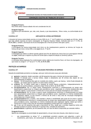 FEDERAÇÃO NACIONAL DOS BANCOS
CONFEDERAÇÃO NACIONAL DOS TRABALHADORES DO RAMO FINANCEIRO
CONVENÇÃO COLETIVA DE TRABALHO 2012/2013
Página 10 de 26
Parágrafo Primeiro
Para efeito desta cláusula sábado não será considerado dia útil.
Parágrafo Segundo
Entende-se por ascendentes pai, mãe, avós, bisavós, e por descendentes, filhos e netos, na conformidade da lei
civil.
CLÁUSULA 24ª AMPLIAÇÃO DA LICENÇA-MATERNIDADE
A duração da licença-maternidade prevista no inciso XVIII do art. 7° da CF poderá ser prorrogada por 60 dias, desde
que haja adesão expressa do banco empregador ao Programa Empresa Cidadã, instituído pela Lei nº 11.770, de
09.09.2008 e, também, solicitação escrita da empregada até o final do primeiro mês após o parto.
Parágrafo Primeiro
A prorrogação da licença-maternidade terá início no dia imediatamente posterior ao término da fruição da
licença de que trata o inciso XVIII, e do caput do art. 7º da CF.
Parágrafo Segundo
A empregada que adotar ou obtiver guarda judicial para fins de adoção de criança fará jus à prorrogação referida
no caput, desde que a requeira no prazo de 30 dias após a respectiva adoção ou sentença judicial.
Parágrafo Terceiro
A concessão dessa ampliação fica condicionada à plena vigência do incentivo fiscal, em favor do empregador, de
que tratam os artigos 5° e 7º da Lei nº 11.770, de 09.09.2008.
PROTEÇÃO AO EMPREGO
CLÁUSULA 25ª ESTABILIDADES PROVISÓRIAS DE EMPREGO
Gozarão de estabilidade provisória no emprego, salvo por motivo de justa causa para demissão:
a) gestante: A gestante, desde a gravidez, até 60 (sessenta) dias após o término da licença-maternidade;
b) alistado: O alistado para o serviço militar, desde o alistamento até 30 (trinta) dias depois de sua
desincorporação ou dispensa;
c) doença : Por 60 (sessenta) dias após ter recebido alta médica, quem, por doença, tenha ficado afastado do
trabalho, por tempo igual ou superior a 6 (seis) meses contínuos;
d) acidente: Por 12 (doze) meses após a cessação do auxílio doença acidentário, independentemente da
percepção do auxílio acidente, consoante artigo 118 da Lei 8213, de 24.07.1991;
e) pré-aposentadoria: Por 12 (doze) meses imediatamente anteriores à complementação do tempo para
aposentadoria proporcional ou integral pela previdência social, respeitados os critérios estabelecidos pela
Legislação vigente, os que tiverem o mínimo de 5 (cinco) anos de vinculação empregatícia com o banco;
f) pré-aposentadoria: Por 24 (vinte e quatro) meses imediatamente anteriores à complementação do tempo
para aposentadoria proporcional ou integral pela previdência social, respeitados os critérios estabelecidos
pela Legislação vigente, os que tiverem o mínimo de 28 (vinte e oito) anos de vinculação empregatícia
ininterrupta com o mesmo banco;
g) pré-aposentadoria:Para a mulher, será mantido o direito à estabilidade pelo prazo de 24 (vinte e quatro)
meses imediatamente anteriores à complementação do tempo para aposentadoria proporcional ou integral
pela previdência social, respeitados os critérios estabelecidos pela Legislação vigente, desde que tenha o
mínimo de 23 (vinte e três) anos de vinculação empregatícia ininterrupta com o mesmo banco;
h) pai: O pai, por 60 (sessenta) dias após o nascimento do filho, desde que a certidão respectiva tenha sido
entregue ao banco no prazo máximo de 15 (quinze) dias, contados do nascimento;
i) gestante/aborto: A gestante, por 60 (sessenta) dias, em caso de aborto comprovado por atestado médico.
Parágrafo Primeiro
Quanto aos empregados na proximidade de aposentadoria, de que trata esta cláusula, deve observar-se que:
I- aos compreendidos na alínea “e”, a estabilidade provisória somente será adquirida a partir do
recebimento, pelo banco, de comunicação do empregado, por escrito, devidamente protocolada, sem
 