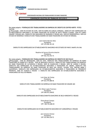 FEDERAÇÃO NACIONAL DOS BANCOS
CONFEDERAÇÃO NACIONAL DOS TRABALHADORES DO RAMO FINANCEIRO
CONVENÇÃO COLETIVA DE TRABALHO 2012/2013
Página 24 de 26
Em nome próprio - FEDERAÇAO DOS TRABALHADORES EM EMPRESAS DE CREDITO DO CENTRO NORTE FETEC-
CUT/CN
p/ Procuração - SEEB DO ESTADO DO ACRE, SEEB DE BARRA DO GARÇAS (SINBAMA), SINDICATO DOS EMPREGADOS EM
ESTABELECIMENTOS BANCÁRIOS E DO RAMO FINANCEIRO NO ESTADO DE MATO GROSSO (CUIABÁ), SEEB DE CAMPO
GRANDE E REGIÃO (MS), SINDICATO DOS BANCÁRIOS DE DOURADOS E REGIÃO (MS), SEEB DE RONDONÓPOLIS, SEEB DO
ESTADO DE RONDÔNIA E SINDICATO DOS TRABALHADORES DO RAMO FINANCEIRO DO ESTADO DE RORAIMA.
José Avelino Barreto Neto
Presidente
CPF 379.590.181-20
SINDICATO DOS EMPREGADOS EM ESTABELECIMENTOS BANCÁRIOS NOS ESTADOS DO PARÁ E AMAPÁ (PA/AM)
Rosalina do Socorro Ferreira Amorim
Presidenta
CPF 452.743.472-15
Em nome próprio - FEDERAÇÃO DOS TRABALHADORES EM EMPRESAS DE CREDITO DE SÃO PAULO
p/Procuração - SEEB DE ARARAQUARA, SEEB DE ASSIS, SINDICATO DOS TRABALHADORES EM EMPRESAS DO RAMO
FINANCEIROS DE BARRETOS E REGIÃO, SEEB DE BRAGANÇA PAULISTA, SINDICATO DOS TRABALHADORES EM EMPRESAS
DO RAMO FINANCEIRO DE CATANDUVA E REGIÃO, SEEB DE GUARULHOS E REGIÃO, SEEB DE JUNDIAÍ E REGIÃO,
SINDICATO DOS EMPREGADOS EM ESTABELECIMENTOS BANCÁRIOS E FINANCEIROS DE LIMEIRA, SINDICATO DOS
TRABALHADORES EM EMPRESAS DO RAMO FINANCEIRO DE MOGI DAS CRUZES, SUZANO, POÁ, BIRITIBA MIRIM E
SALESÓPOLIS, SINDICATO DOS EMPREGADOS EM ESTABELECIMENTOS BANCÁRIOS E FINANCIÁRIOS DE PRESIDENTE
PRUDENTE, SEEB DE TAUBATÉ E REGIÃO E SINDICATO DOS EMPREGADOS EM ESTABELECIMENTOS BANCÁRIOS E
FINANCIÁRIOS DO VALE DO RIBEIRA.
Luiz César de Freitas
Presidente
CPF 033.779.088-46
SINDICATO DOS TRABALHADORES EM EMPRESAS DO RAMO FINANCEIRO DO GRANDE ABC
Eric Nilson Lopes Francisco
Presidente
CPF 038.072.248-82
SINDICATO DOS EMPREGADOS EM ESTABELECIMENTOS BANCÁRIOS DE BELO HORIZONTE E REGIÃO
Eliana Brasil Campos
Presidenta
CPF: 500.752.686-04
SINDICATO DOS EMPREGADOS EM ESTABELECIMENTOS BANCÁRIOS DE FLORIANÓPOLIS E REGIÃO
Jacir Antonio Zimmer
Presidente
CPF 353.964.230-72
 