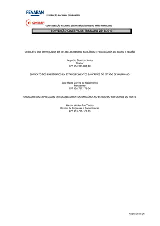 FEDERAÇÃO NACIONAL DOS BANCOS
CONFEDERAÇÃO NACIONAL DOS TRABALHADORES DO RAMO FINANCEIRO
CONVENÇÃO COLETIVA DE TRABALHO 2012/2013
Página 26 de 26
SINDICATO DOS EMPREGADOS EM ESTABELECIMENTOS BANCÁRIOS E FINANCIÁRIOS DE BAURU E REGIÃO
Jacyntho Dionizio Junior
Diretor
CPF 052.941.808-80
SINDICATO DOS EMPREGADOS EM ESTABELECIMENTOS BANCÁRIOS DO ESTADO DE MARANHÃO
José Maria Correa de Nascimento
Presidente
CPF 126.757.173-04
SINDICATO DOS EMPREGADOS EM ESTABELECIMENTOS BANCÁRIOS NO ESTADO DO RIO GRANDE DO NORTE
Marcos de Macêdo Tinoco
Diretor de Imprensa e Comunicação
CPF 393.775.474-15
 