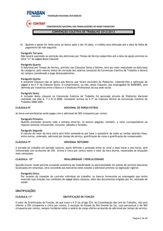 FEDERAÇÃO NACIONAL DOS BANCOS
CONFEDERAÇÃO NACIONAL DOS TRABALHADORES DO RAMO FINANCEIRO
CONVENÇÃO COLETIVA DE TRABALHO 2012/2013
Página 5 de 26
b) Quando a opção for feita junto ao banco após o dia 10 (dez), o crédito será efetuado até a data da folha de
pagamento do mês seguinte.
Parágrafo Terceiro
Não haverá supressão ou extinção dos Adicionais por Tempo de Serviço adquiridos até a data da opção prevista na
letra “a” do caput desta Cláusula.
Parágrafo Quarto
O Adicional por Tempo de Serviço, previsto nas Cláusulas Sexta e Sétima, terá seu valor reajustado na data base
da categoria, pelo mesmo índice de correção dos salários constante de Convenção Coletiva de Trabalho e deverá
ser sempre considerado e pago destacadamente.
Parágrafo Quinto
A presente Cláusula não se aplica aos Bancos que foram excluídos do Plebiscito, cabendo-lhes a aplicação do
caput e do § 3º da Cláusula Sexta. O cumprimento, ou não, desta Cláusula, aos empregados do BANPARÁ, será
definida por tratativas entre o Banco e o Sindicato Profissional da sua sede social.
Parágrafo Sexto
A inclusão desta cláusula na Convenção Coletiva de Trabalho foi aprovada através de Plebiscito Nacional
realizado nos dias 6, 7 e 8.12.2000, consoante termos do § 7º da Cláusula Sétima da Convenção Coletiva de
Trabalho 2000/2001.
CLÁUSULA 8ª ADICIONAL DE HORAS EXTRAS
As horas extraordinárias serão pagas com o adicional de 50% (cinquenta por cento).
Parágrafo Primeiro
Quando prestadas durante toda a semana anterior, os bancos pagarão, também, o valor correspondente ao
repouso semanal remunerado, inclusive sábados e feriados.
Parágrafo Segundo
O cálculo do valor da hora extra será feito tomando-se por base o somatório de todas as verbas salariais fixas,
entre outras, ordenado, adicional por tempo de serviço, gratificação de caixa e gratificação de compensador.
CLÁUSULA 9ª ADICIONAL NOTURNO
A jornada de trabalho em período noturno, assim definido o prestado entre as vinte e duas horas e seis horas, será
remunerada com acréscimo de 35% (trinta e cinco por cento) sobre o valor da hora diurna, ressalvadas as situações
mais vantajosas.
CLÁUSULA 10ª INSALUBRIDADE / PERICULOSIDADE
Quando houver laudo pericial acusando existência de insalubridade ou periculosidade em postos de serviços bancários
localizados em empresas, será concedido aos bancários neles lotados o adicional previsto na legislação vigente.
Parágrafo Único
Por ocasião da cessação do contrato individual de trabalho, os bancos fornecerão ao empregado que tenha
exercido suas funções nas condições do caput desta cláusula, além dos documentos exigidos por lei, atestado de
saúde.
GRATIFICAÇÕES
CLÁUSULA 11ª GRATIFICAÇÃO DE FUNÇÃO
O valor da Gratificação de Função, de que trata o § 2º do artigo 224, da Consolidação das Leis do Trabalho, não será
inferior a 55% (cinquenta e cinco por cento), à exceção do Estado do Rio Grande do Sul, cujo percentual é de 50%
(cinquenta por cento), sempre incidente sobre o salário do cargo efetivo acrescido do adicional por tempo de serviço,
 