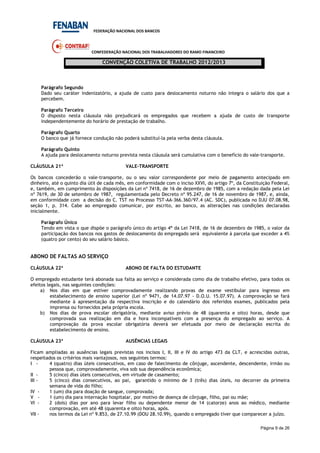 FEDERAÇÃO NACIONAL DOS BANCOS
CONFEDERAÇÃO NACIONAL DOS TRABALHADORES DO RAMO FINANCEIRO
CONVENÇÃO COLETIVA DE TRABALHO 2012/2013
Página 9 de 26
Parágrafo Segundo
Dado seu caráter indenizatório, a ajuda de custo para deslocamento noturno não integra o salário dos que a
percebem.
Parágrafo Terceiro
O disposto nesta cláusula não prejudicará os empregados que recebem a ajuda de custo de transporte
independentemente do horário de prestação de trabalho.
Parágrafo Quarto
O banco que já fornece condução não poderá substituí-la pela verba desta cláusula.
Parágrafo Quinto
A ajuda para deslocamento noturno prevista nesta cláusula será cumulativa com o benefício do vale-transporte.
CLÁUSULA 21ª VALE-TRANSPORTE
Os bancos concederão o vale-transporte, ou o seu valor correspondente por meio de pagamento antecipado em
dinheiro, até o quinto dia útil de cada mês, em conformidade com o inciso XXVI, do artigo 7º, da Constituição Federal,
e, também, em cumprimento às disposições da Lei nº 7418, de 16 de dezembro de 1985, com a redação dada pela Lei
nº 7619, de 30 de setembro de 1987, regulamentada pelo Decreto nº 95.247, de 16 de novembro de 1987, e, ainda,
em conformidade com a decisão do C. TST no Processo TST-AA-366.360/97.4 (AC. SDC), publicada no DJU 07.08.98,
seção 1, p. 314. Cabe ao empregado comunicar, por escrito, ao banco, as alterações nas condições declaradas
inicialmente.
Parágrafo Único
Tendo em vista o que dispõe o parágrafo único do artigo 4º da Lei 7418, de 16 de dezembro de 1985, o valor da
participação dos bancos nos gastos de deslocamento do empregado será equivalente à parcela que exceder a 4%
(quatro por cento) do seu salário básico.
ABONO DE FALTAS AO SERVIÇO
CLÁUSULA 22ª ABONO DE FALTA DO ESTUDANTE
O empregado estudante terá abonada sua falta ao serviço e considerada como dia de trabalho efetivo, para todos os
efeitos legais, nas seguintes condições:
a) Nos dias em que estiver comprovadamente realizando provas de exame vestibular para ingresso em
estabelecimento de ensino superior (Lei nº 9471, de 14.07.97 - D.O.U. 15.07.97). A comprovação se fará
mediante à apresentação da respectiva inscrição e do calendário dos referidos exames, publicados pela
imprensa ou fornecidos pela própria escola.
b) Nos dias de prova escolar obrigatória, mediante aviso prévio de 48 (quarenta e oito) horas, desde que
comprovada sua realização em dia e hora incompatíveis com a presença do empregado ao serviço. A
comprovação da prova escolar obrigatória deverá ser efetuada por meio de declaração escrita do
estabelecimento de ensino.
CLÁUSULA 23ª AUSÊNCIAS LEGAIS
Ficam ampliadas as ausências legais previstas nos incisos I, II, III e IV do artigo 473 da CLT, e acrescidas outras,
respeitados os critérios mais vantajosos, nos seguintes termos:
I - 4 (quatro) dias úteis consecutivos, em caso de falecimento de cônjuge, ascendente, descendente, irmão ou
pessoa que, comprovadamente, viva sob sua dependência econômica;
II - 5 (cinco) dias úteis consecutivos, em virtude de casamento;
III - 5 (cinco) dias consecutivos, ao pai, garantido o mínimo de 3 (três) dias úteis, no decorrer da primeira
semana de vida do filho;
IV - 1 (um) dia para doação de sangue, comprovada;
V - 1 (um) dia para internação hospitalar, por motivo de doença de cônjuge, filho, pai ou mãe;
VI - 2 (dois) dias por ano para levar filho ou dependente menor de 14 (catorze) anos ao médico, mediante
comprovação, em até 48 (quarenta e oito) horas, após.
VII - nos termos da Lei nº 9.853, de 27.10.99 (DOU 28.10.99), quando o empregado tiver que comparecer a juízo.
 