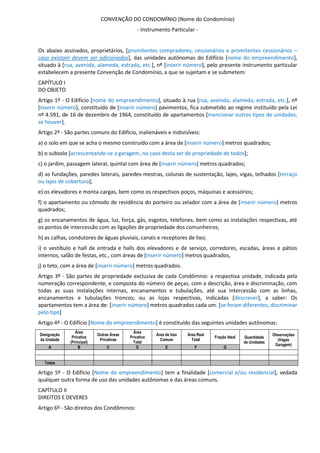 CONVENÇÃO DO CONDOMÍNIO (Nome do Condomínio)
- Instrumento Particular -
Os abaixo assinados, proprietários, [promitentes compradores, cessionários e promitentes cessionários –
caso existam devem ser adicionados], das unidades autônomas do Edifício [nome do empreendimento],
situado à [rua, avenida, alameda, estrada, etc.], nº [inserir número], pelo presente instrumento particular
estabelecem a presente Convenção de Condomínio, a que se sujeitam e se submetem:
CAPÍTULO I
DO OBJETO
Artigo 1º - O Edifício [nome do empreendimento], situado à rua [rua, avenida, alameda, estrada, etc.], nº
[inserir número], constituído de [inserir número] pavimentos, fica submetido ao regime instituído pela Lei
nº 4.591, de 16 de dezembro de 1964, constituído de apartamentos [mencionar outros tipos de unidades,
se houver].
Artigo 2º - São partes comuns do Edifício, inalienáveis e indivisíveis:
a) o solo em que se acha o mesmo construído com a área de [inserir número] metros quadrados;
b) o subsolo [acrescentando-se a garagem, no caso desta ser de propriedade de todos];
c) o jardim, passagem lateral, quintal com área de [inserir número] metros quadrados;
d) as fundações, paredes laterais, paredes-mestras, colunas de sustentação, lajes, vigas, telhados [terraço
ou lajes de cobertura];
e) os elevadores e monta-cargas, bem como os respectivos poços, máquinas e acessórios;
f) o apartamento ou cômodo de residência do porteiro ou zelador com a área de [inserir número] metros
quadrados;
g) os encanamentos de água, luz, força, gás, esgotos, telefones, bem como as instalações respectivas, até
os pontos de intercessão com as ligações de propriedade dos comunheiros;
h) as calhas, condutores de águas pluviais, canais e receptores de lixo;
i) o vestíbulo e hall de entrada e halls dos elevadores e de serviço, corredores, escadas, áreas e pátios
internos, salão de festas, etc., com áreas de [inserir número] metros quadrados,
j) o teto, com a área de [inserir número] metros quadrados.
Artigo 3º - São partes de propriedade exclusiva de cada Condômino: a respectiva unidade, indicada pela
numeração correspondente, e composta do número de peças, com a descrição, área e discriminação, com
todas as suas instalações internas, encanamentos e tubulações, até sua intercessão com as linhas,
encanamentos e tubulações troncos; ou as lojas respectivas, indicadas [descrever], a saber: Os
apartamentos tem a área de: [inserir número] metros quadrados cada um. [se foram diferentes, discriminar
pelo tipo]
Artigo 4º - O Edifício [Nome do empreendimento] é constituído das seguintes unidades autônomas:
Designação
da Unidade
Área
Privativa
(Principal)
Outras Áreas
Privativas
Área
Privativa
Total
Área de Uso
Comum
Área Real
Total
Fração Ideal Quantidade
de Unidades
Observações
(Vagas
Garagem)
A B C D E F G
Totais
Artigo 5º - O Edifício [Nome do empreendimento] tem a finalidade [comercial e/ou residencial], vedada
qualquer outra forma de uso das unidades autônomas e das áreas comuns.
CAPÍTULO II
DIREITOS E DEVERES
Artigo 6º - São direitos dos Condôminos:
 